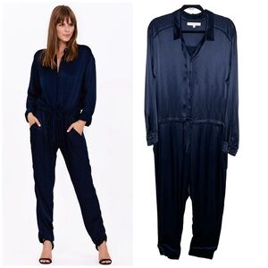 Xirena Satin Jumpsuit Size Medium Navy Long Sleeve Cocktail Party